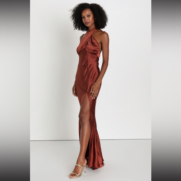 Lulus start of forever brown satin halter mermaid maxi dress - Picture 2 of 9